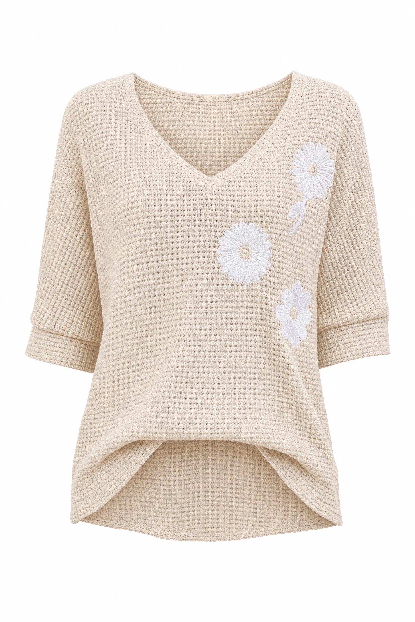 T-shirt beige col V fleurs brodées | Lounelle Paris