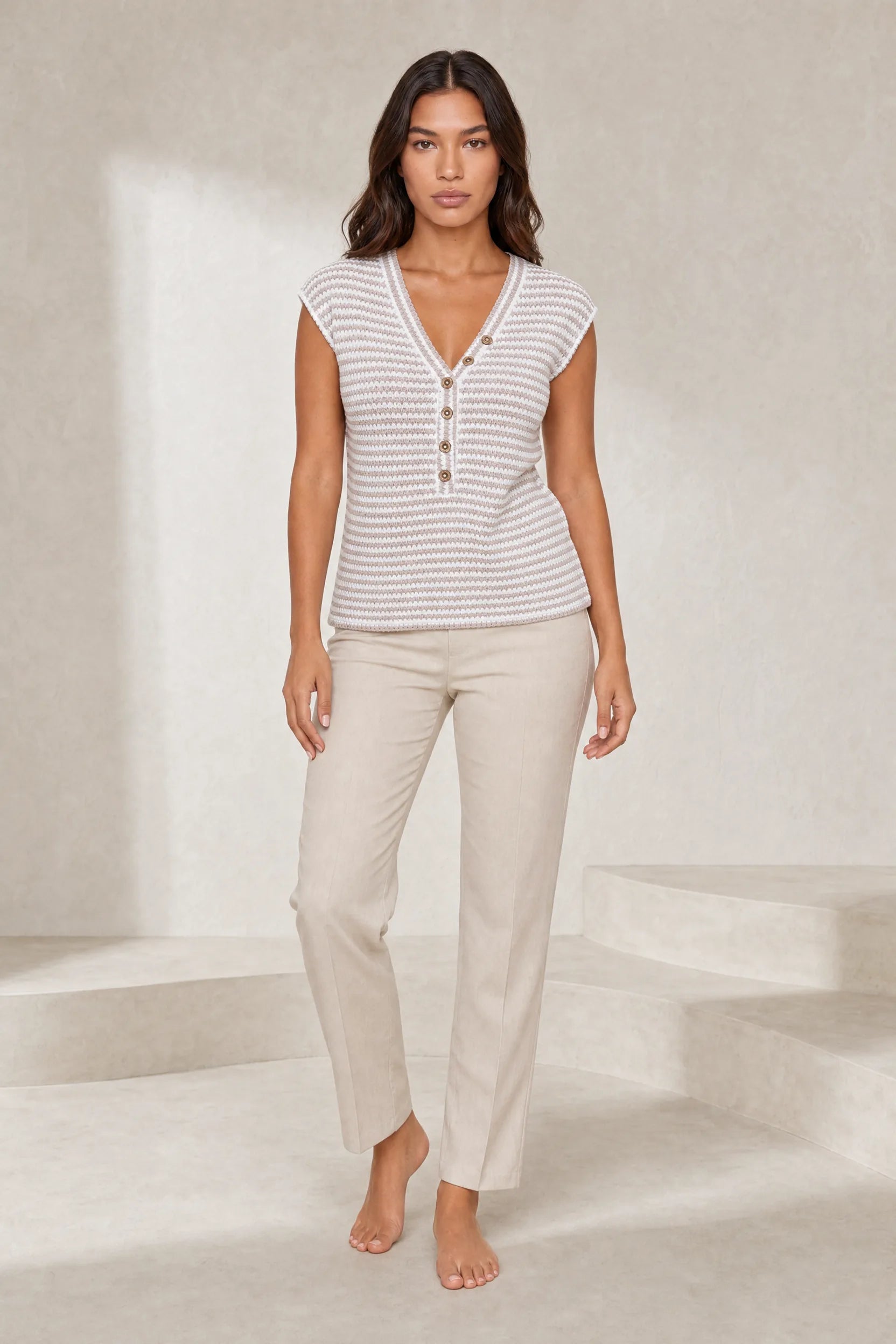 Top maille beige rayé col V | Lounelle Paris
