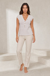 Top maille beige rayé col V | Lounelle Paris