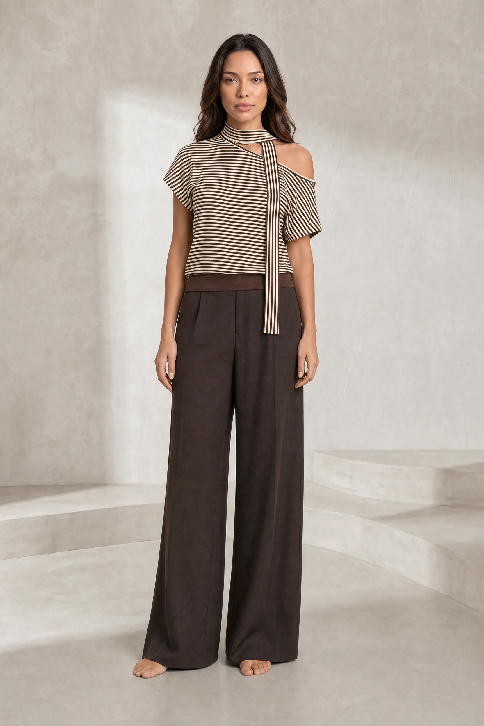 Top marron rayé épaule dénudée | Lounelle Paris