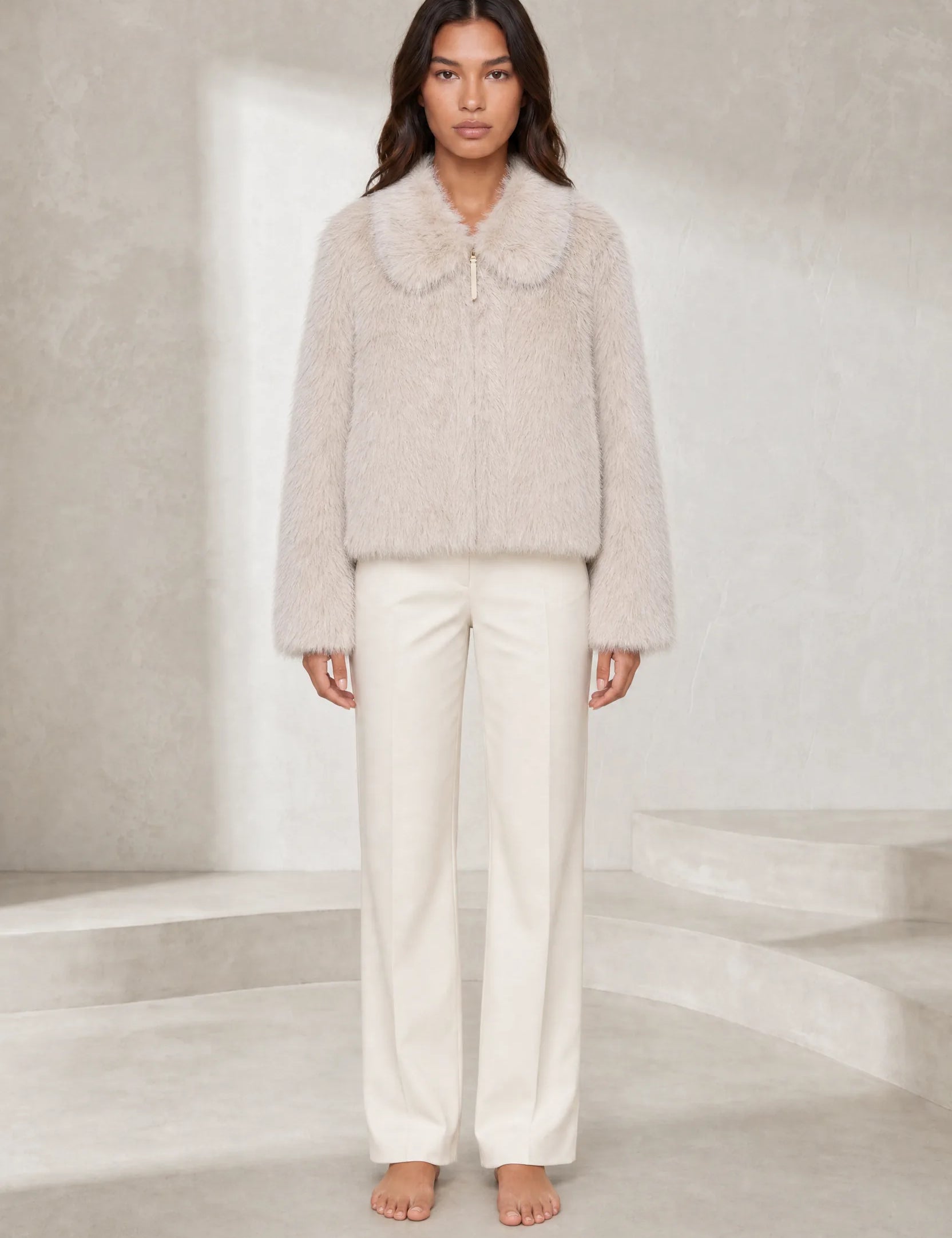 Veste beige effet fourrure col polo | Lounelle Paris