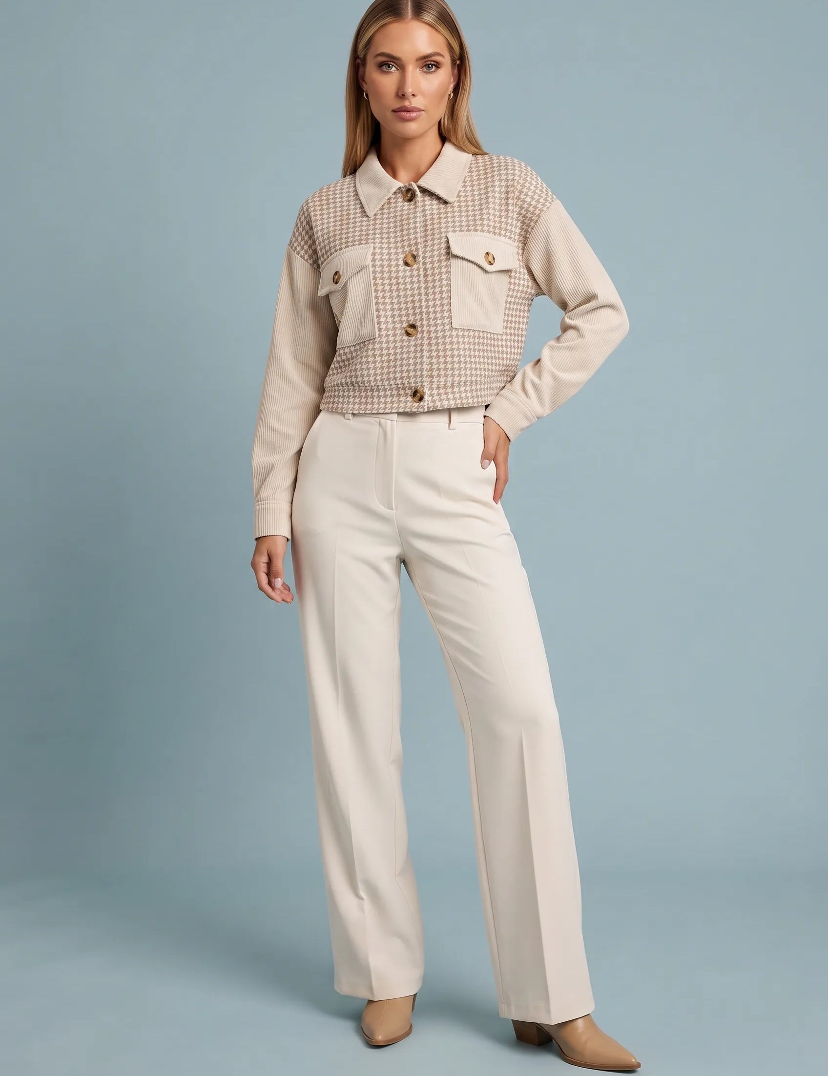 Veste beige en velours pied-de-poule | Vue de face | Lounelle Paris