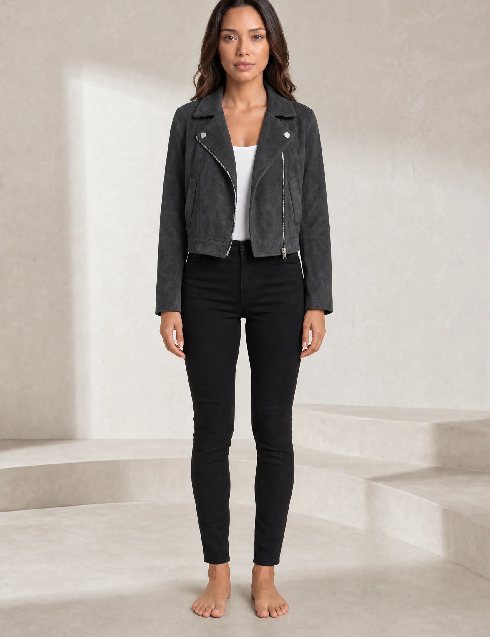 Veste courte suédine zip asymétrique | Lounelle Paris